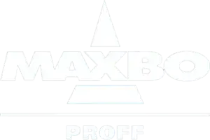 En nærbilde av MaxBO-proff logo på trykkutstyr brukt til reklame- og profilprodukter.
